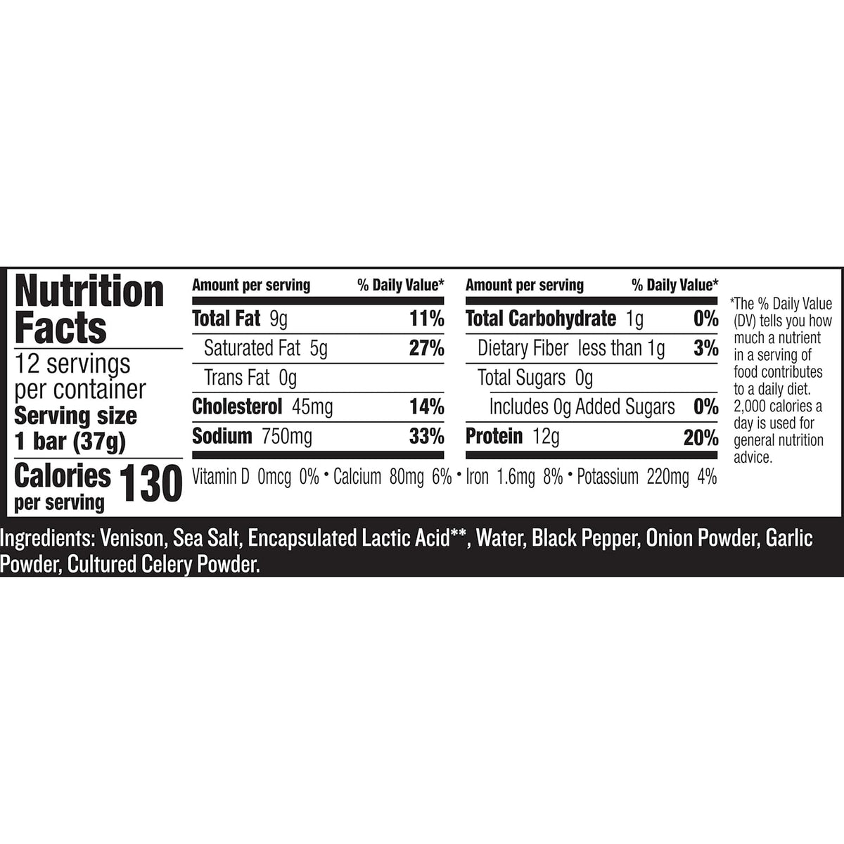 EPIC Bars, Venison Sea Salt and Pepper Bar, Keto Friendly, Whole30 Approved, Gluten Free, 12 Count, 15.6 oz