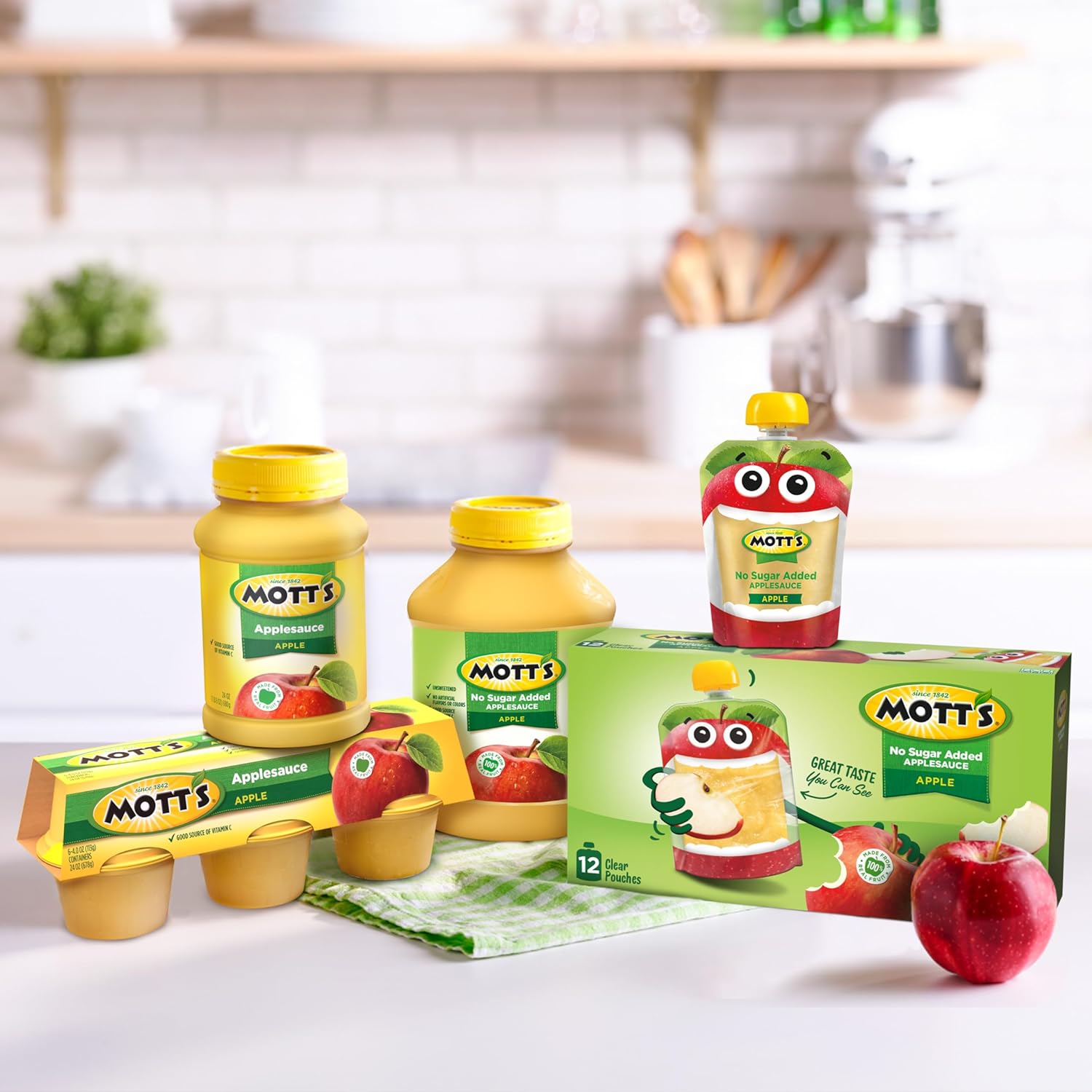 Mott's No Sugar Added Applesauce Variety Pack, 4 Flavors – Apple, Strawberry, Cinnamon & Blueberry, Made from Real Fruit, No Artificial Flavors, 3.2 Clear Pouches, 20 Pack