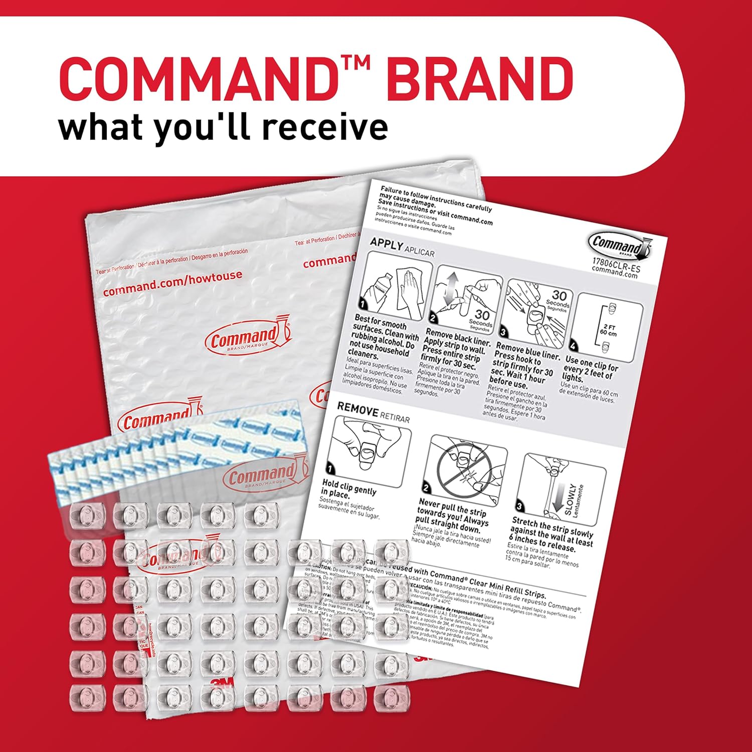 Command Indoor Mini Light Clips, 45 Clear Clips and 54 Command Strips, Damage Free Hanging Christmas Decorations, Wall Clips for Hanging Lights and Cable Management, Holds up to 0.3 lb