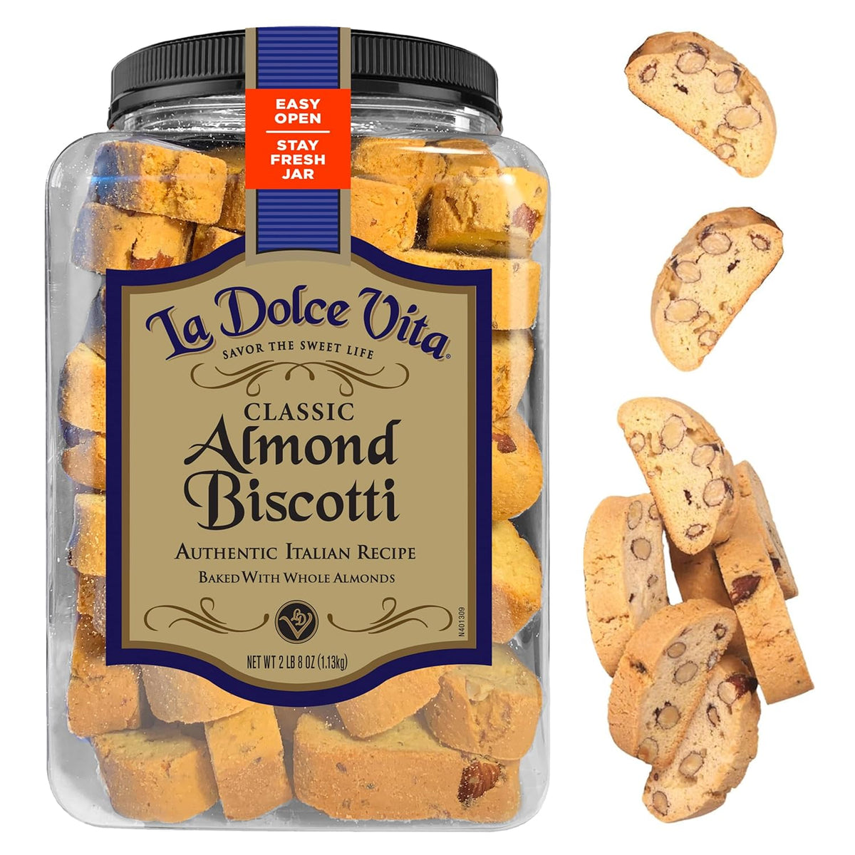 La Dolce Vita Classic Almond Italian Biscotti Cookies, Gourmet Coffee & Tea Dipping Snack, 40 oz Jar