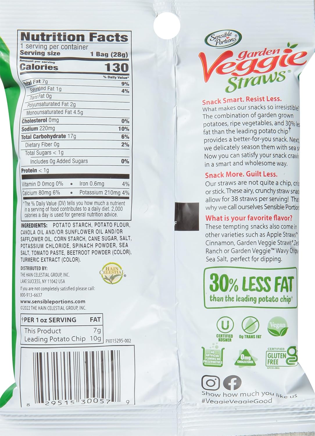 Sensible Portions Garden Veggie Snacks - Veggie Straws, Gluten Free, Snack Size Sea Salt, 1 Oz (Pack of 24)