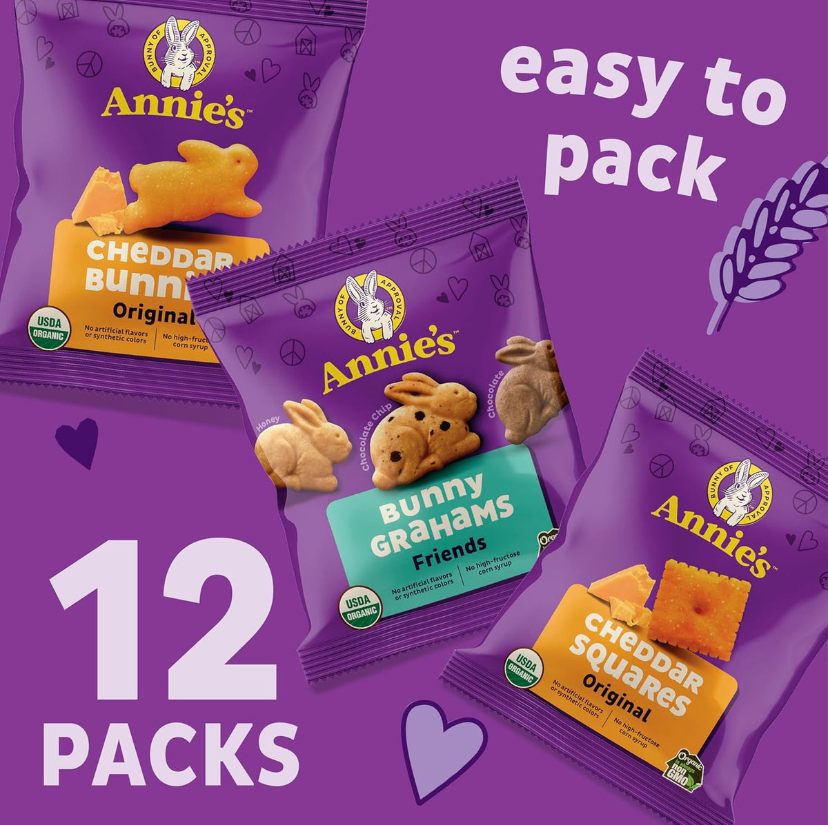Annie's Organic Variety Pack, Cheddar Bunnies, Bunny Grahams and Cheddar Squares, 12 Pouches, 11 oz