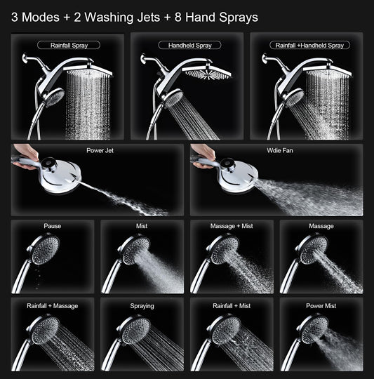 High Pressure Rain Shower Head: Upgrade Shower Heads with Handheld Spray Combo with Fixed Showerhead and 10 Sprays Handheld Shower Head, Detachable Shower head Built-in Magnetic Docking and Power Jets