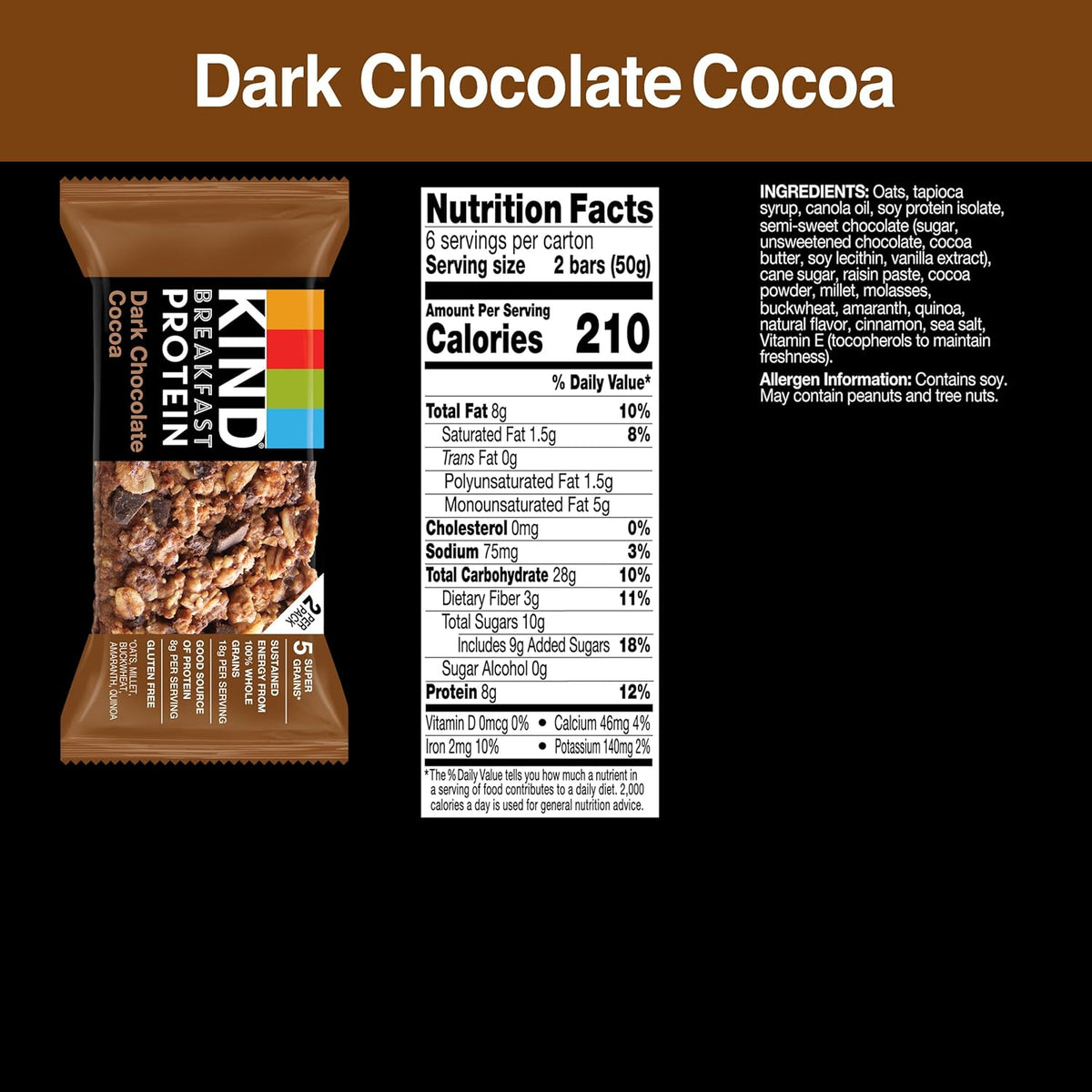 KIND Breakfast Protein Bars, Dark Chocolate Cocoa, Healthy Snacks, Gluten Free, 8g Protein, 6 Count