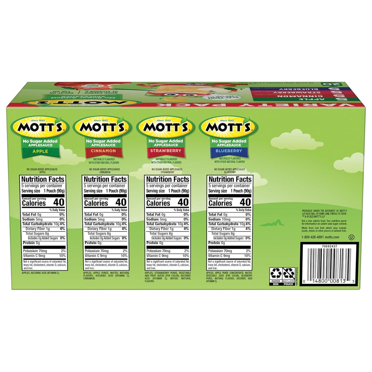 Mott's No Sugar Added Applesauce Variety Pack, 4 Flavors – Apple, Strawberry, Cinnamon & Blueberry, Made from Real Fruit, No Artificial Flavors, 3.2 Clear Pouches, 20 Pack