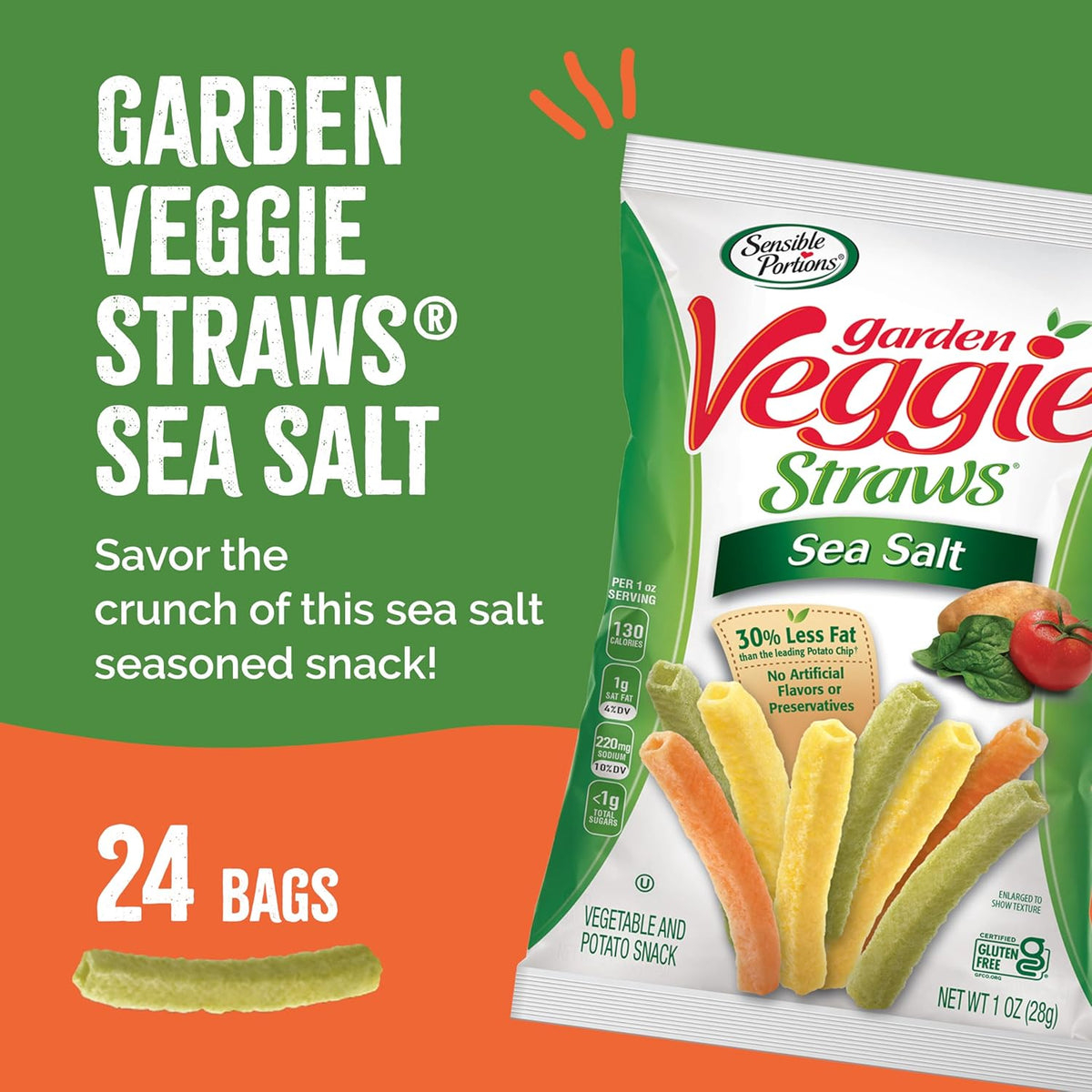 Sensible Portions Garden Veggie Snacks - Veggie Straws, Gluten Free, Snack Size Sea Salt, 1 Oz (Pack of 24)