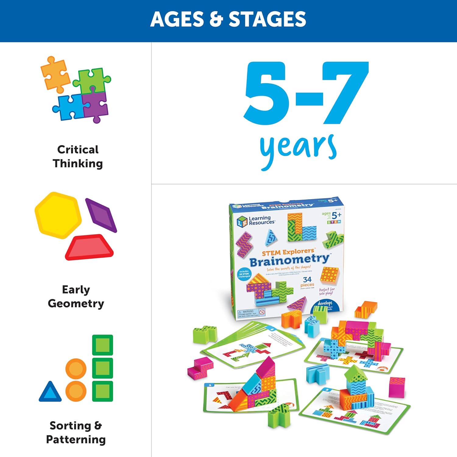 Learning Resources STEM Explorers Brainometry - 3d Puzzle, Brain Games, Brainteaser, Building Logic Toys, Gifts For Boys and Girls, Fine Motor Skills , Pattern Blocks, Math Manipulatives