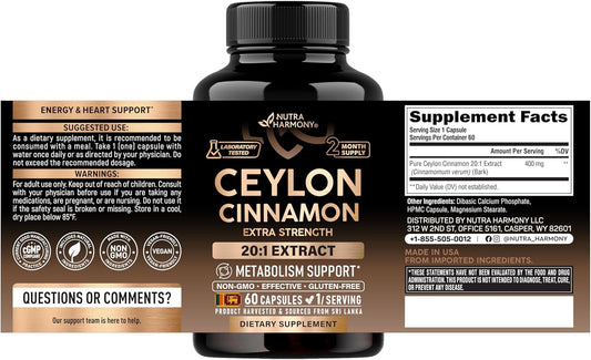 Ceylon Cinnamon Capsules - Extra Strength - 20:1 Extract Supplement