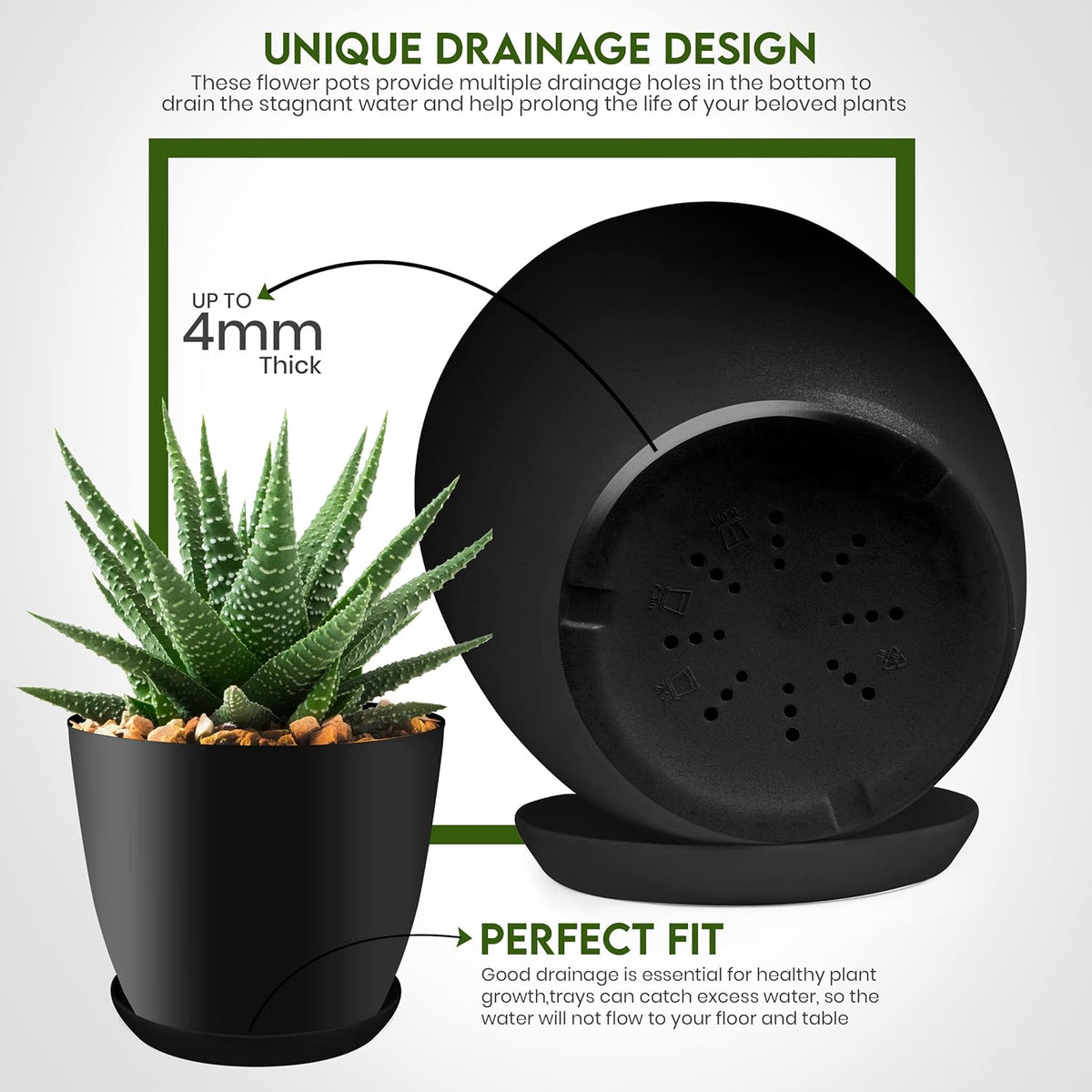 Utopia Home - Plant Pots Indoor with Drainage - 7/6.6/6/5.3/4.8 Inches Flower Pots for Indoor Planter - 5 Pack Plastic Planters - Ideal for Stocking Stuffers or Home Christmas Decorations - Black