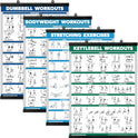 Palace Learning 4 Pack Workout Charts - Dumbbell, Bodyweight, Stretching, Kettlebell Exercises
