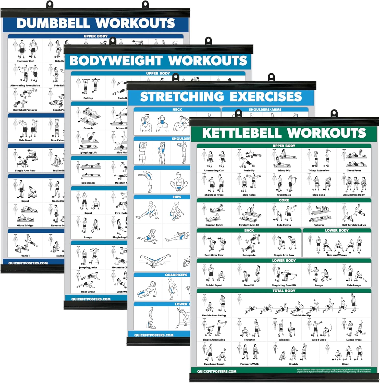 Palace Learning 4 Pack Workout Charts - Dumbbell, Bodyweight, Stretching, Kettlebell Exercises