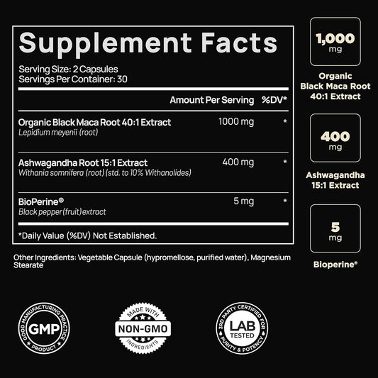 40x Strength Organic Black Maca Root with Ashwagandha Supplement