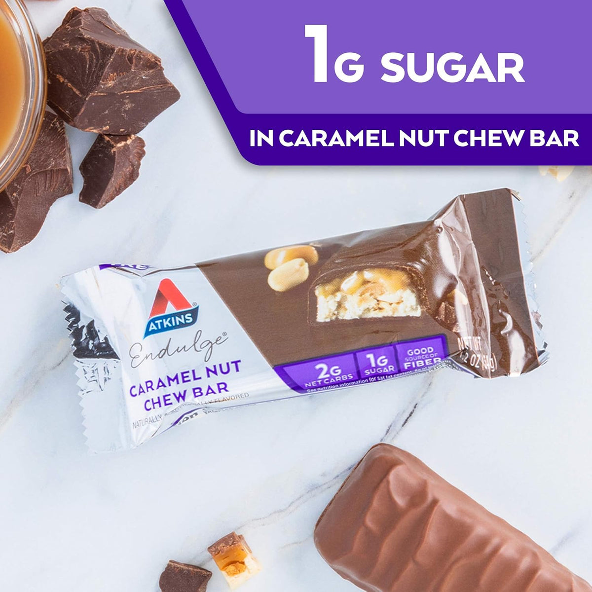 Atkins Endulge Caramel Nut Chew Bar, Low Sugar Snack, Dessert Bar, High Fiber Bar 1g Sugar, 10 Count