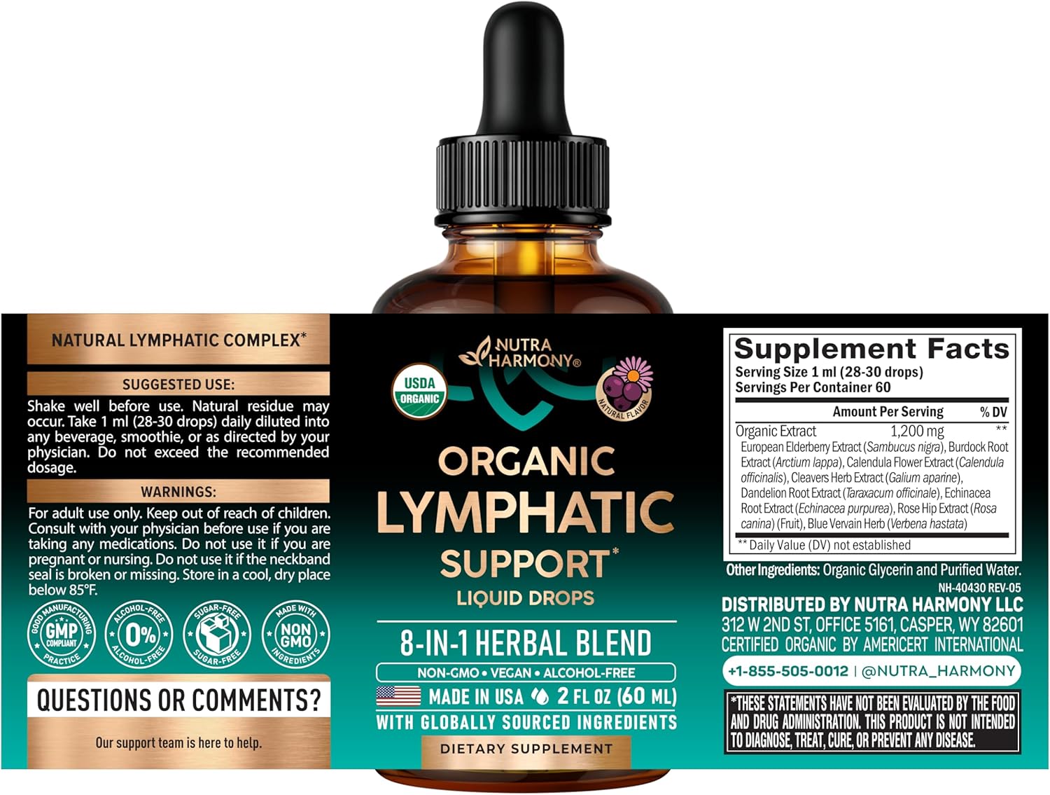 USDA Organic Lymphatic Drainage Supplement - Echinacea | Elderberry | Dandelion | Rosehip | Cleavers | Calendula | Burdock - Lab Tested - Lymph System Drops - Immune Support, Cleanse & Detox, 2 fl oz