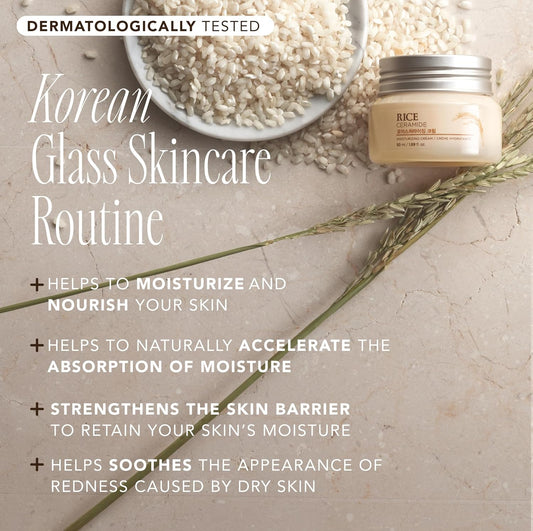 The Face Shop Rice Ceramide Cream, Hydrating Face Moisturizer, for Dry & Combination Skin, Lightweight, Fast-absorbing, 1.69 fl. oz.