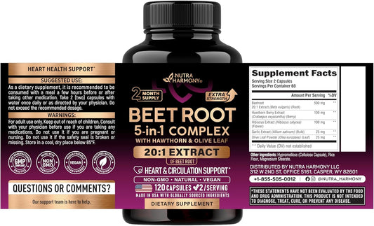 Beet Root 5-in-1 Complex Capsules - Healthy Blood Pressure Support Supplement** for Heart & Circulation Support - Olive Leaf, Hawthorn Berry & Hibiscus - for Men & Women - Lab Tested - 120 Capsules