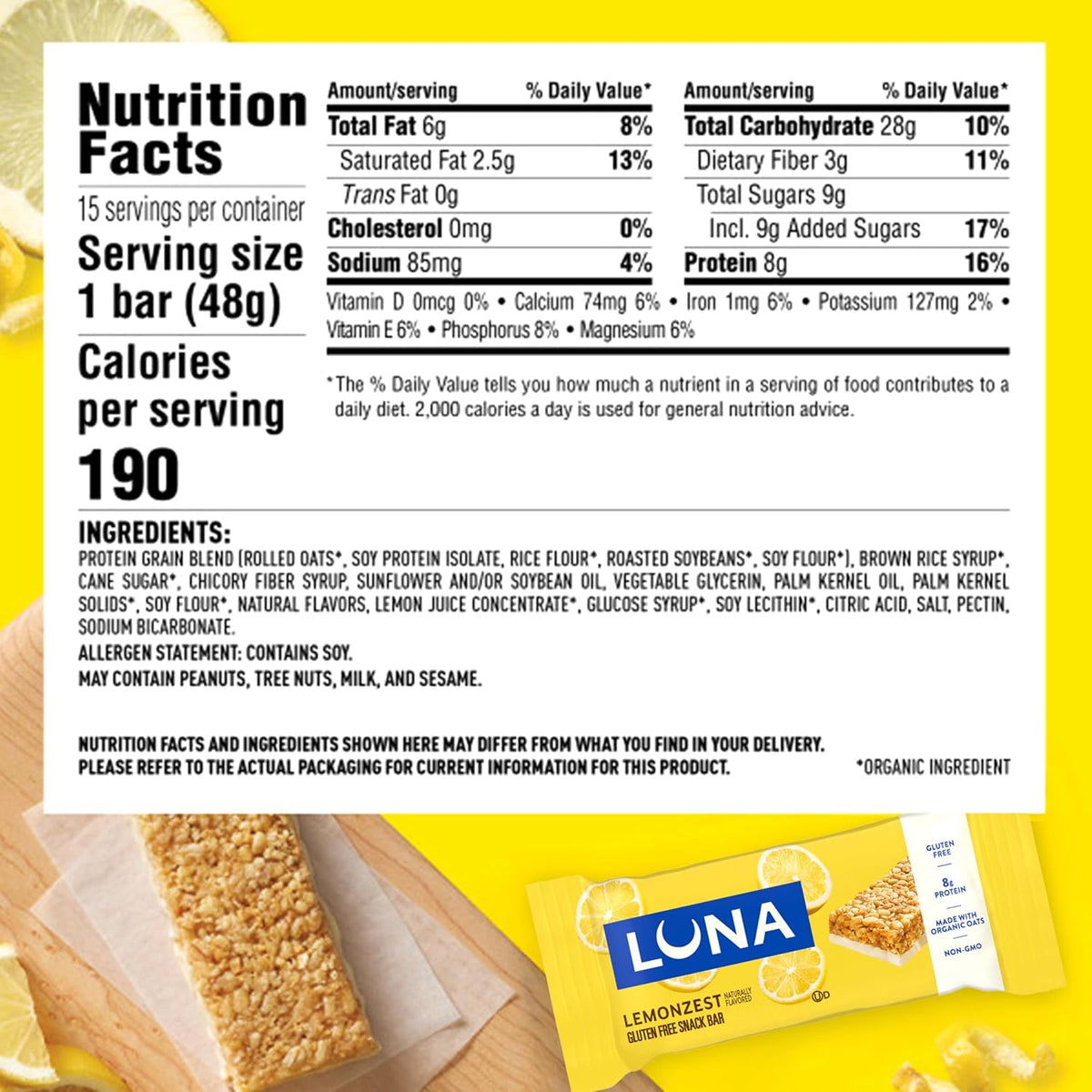 LUNA Bar - LemonZest Flavor - Gluten Free Snack Bars - Non-GMO - Protein Bars - Made with Organic Oats - Value Pack (12 Pack)