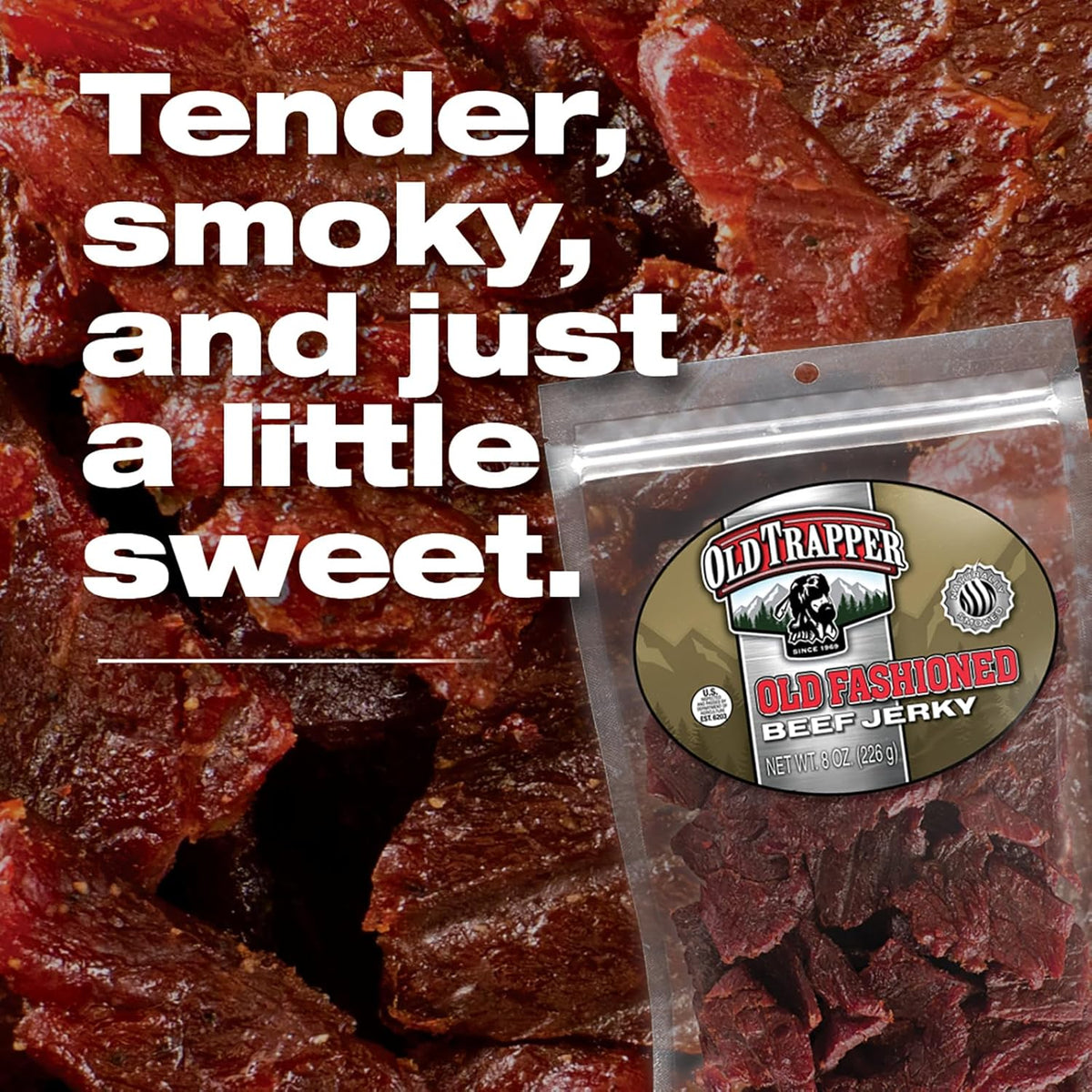 Old Trapper Beef Jerky, Old-Fashioned 8 Ounce Bag, Tender Meat Snacks for Lunches or Between Meals, 11 Grams of Protein, Zero Grams of Fat, and 70 Calories per Serving (Pack of One)
