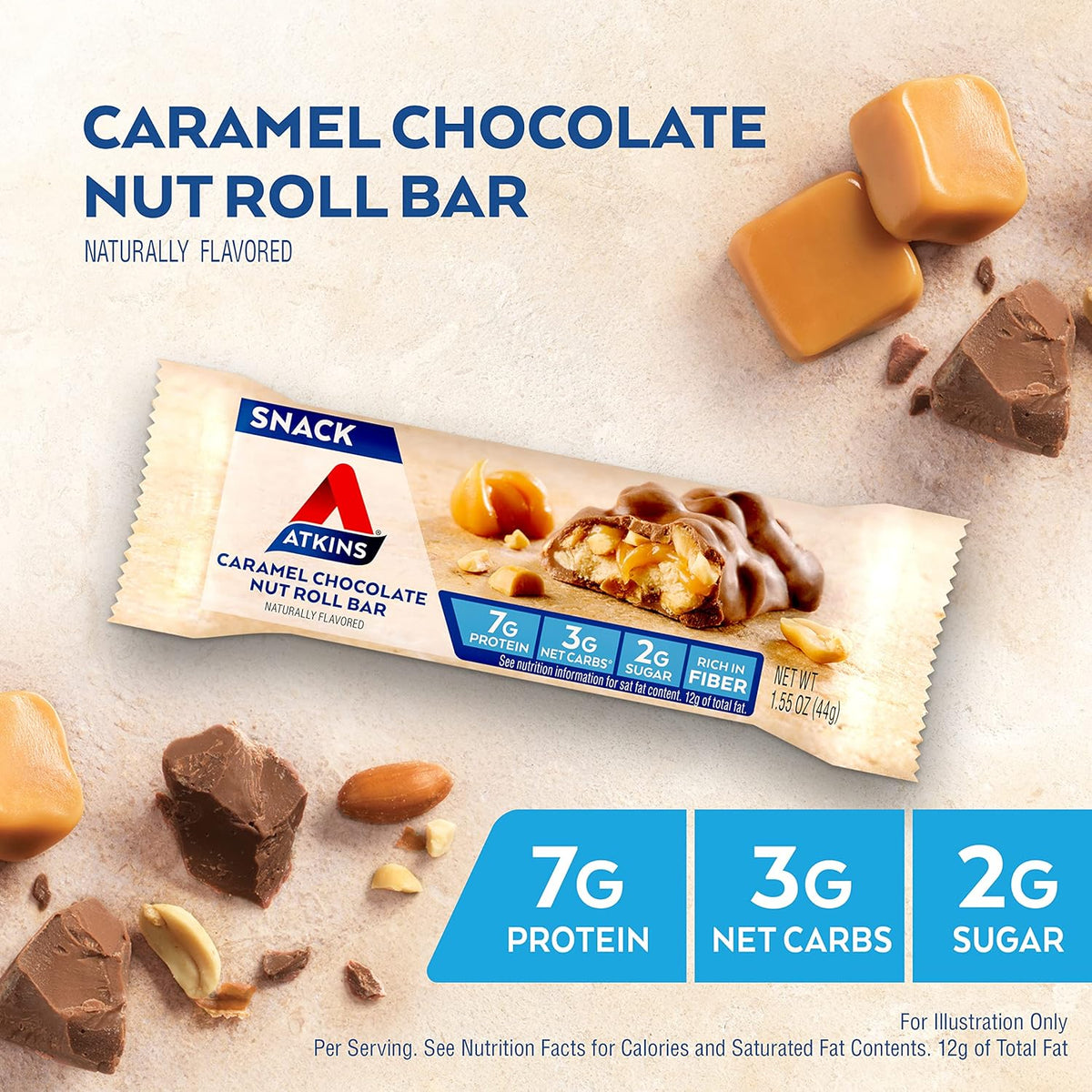Atkins Caramel Chocolate Nut Roll Snack Bar, Protein Snack , 7g Protein, 2g Sugar, High Fiber Snack, 16 Count