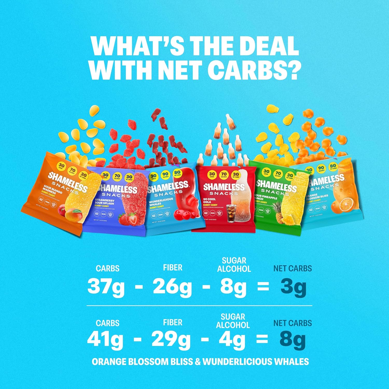 Shameless Snacks Candy Carnival - Healthy Low Sugar Snacks with Pineapple, Mango, Orange, Strawberry & Cola Gummies - Vegan, Gluten-Free, Low-Calorie Candy Variety Pack