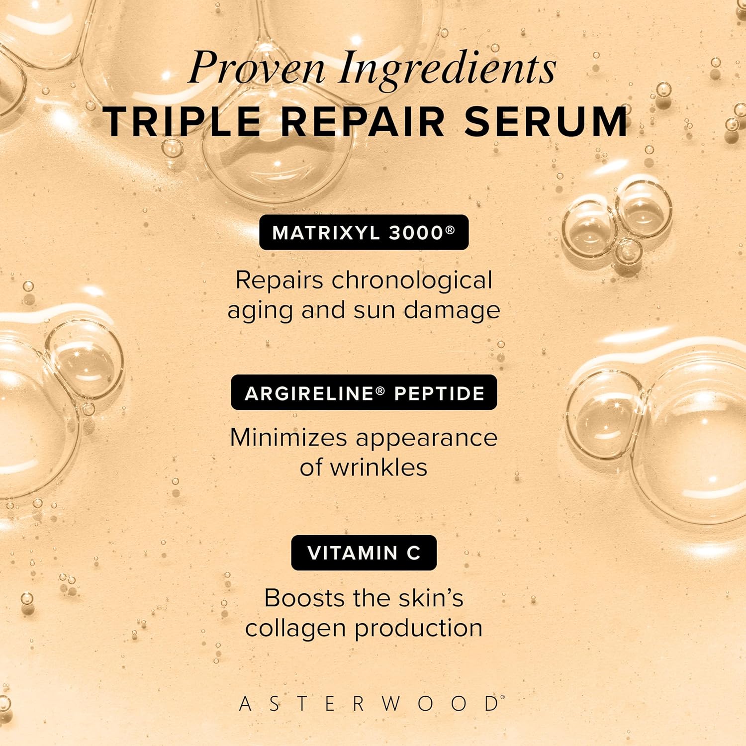 Asterwood Triple Repair Matrixyl 3000 + Argireline + Hyaluronic Acid + Vitamin C Serum for Face - Anti-Aging, Collagen Boosting, Hydrating - Fragrance-Free - 1 Fl Oz