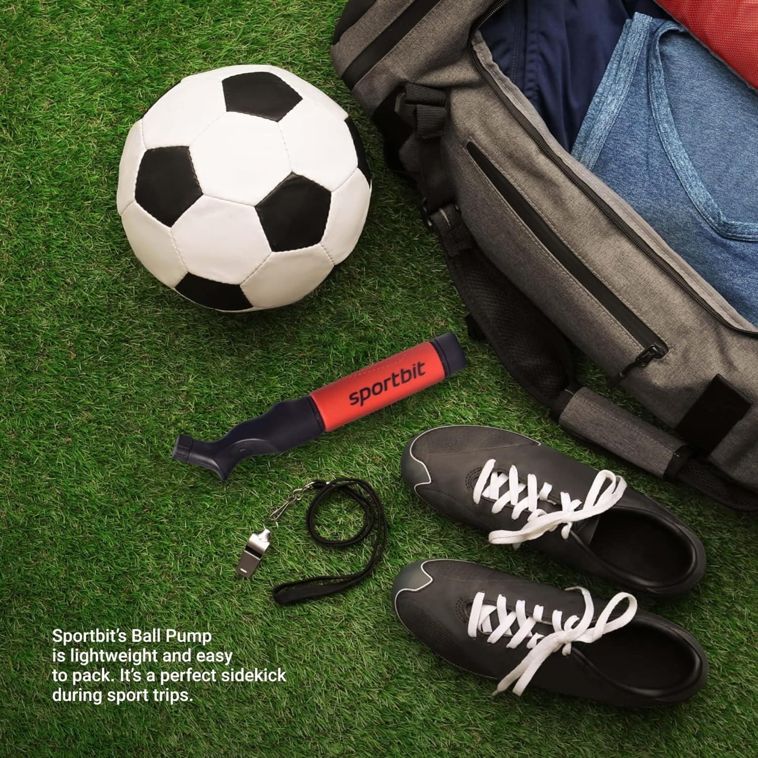 SPORTBIT Ball Pump for Sports Balls - Push & Pull Inflating System - Hand Pump for All Exercise Balls - Volleyball Pump, Basketball Inflator, Football & Soccer Ball Air Pump - Goes with 5 Needles Set