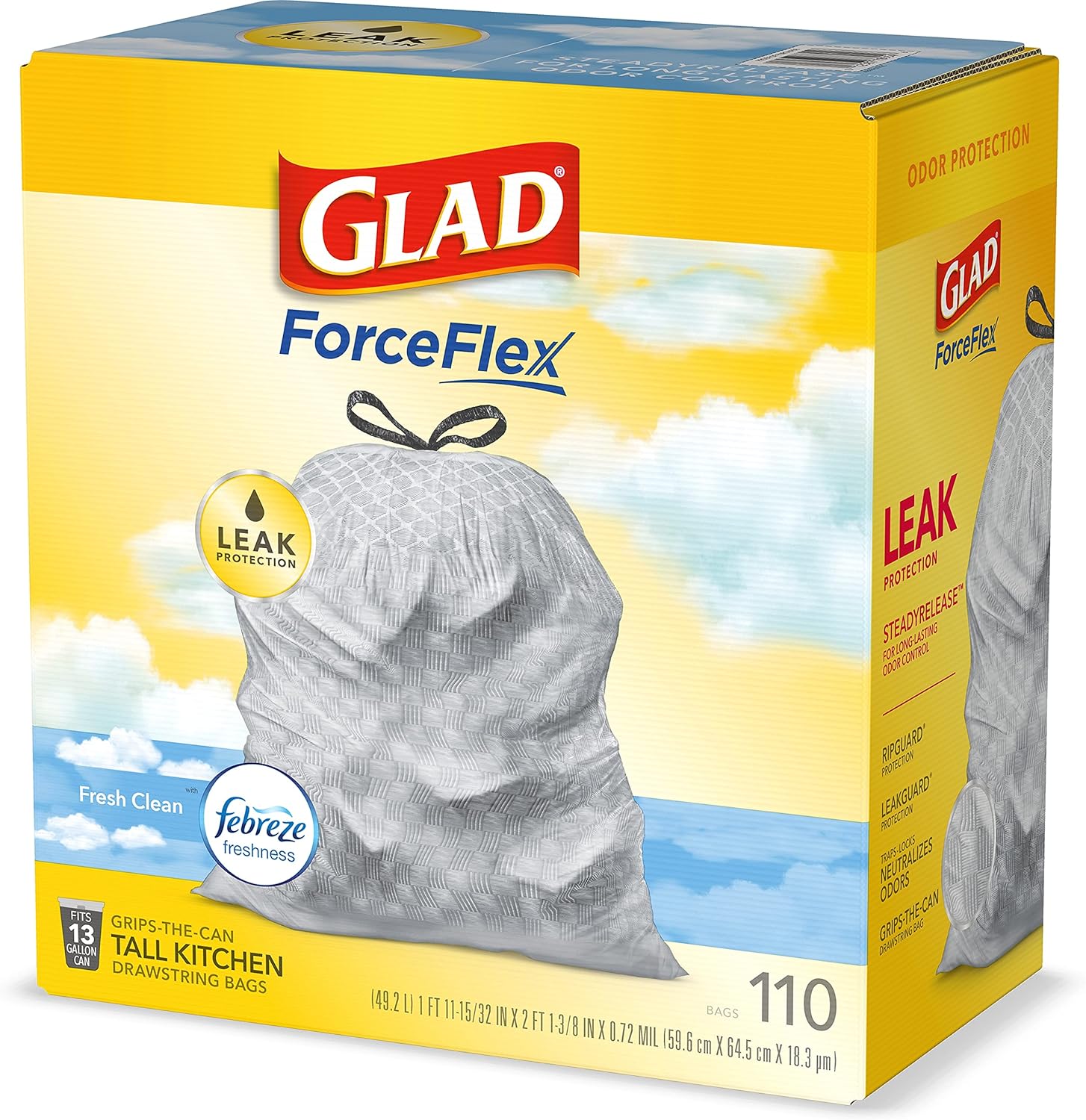 Glad Tall Kitchen Drawstring Trash Bags - Odorshield 13 Gallon White Trash Bag, Febreze Fresh Clean, 110 Count
