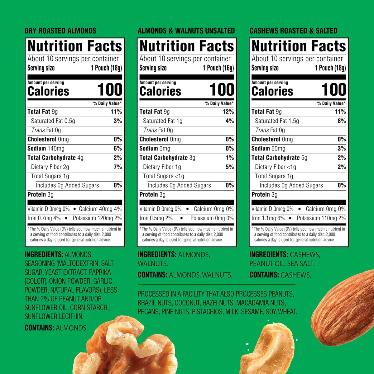 Emerald Nuts Mixed Nuts Variety Pack 18ct (1-Pack) , 100-Calorie Individual Packs , Features Dry Roasted Almonds, Natural Almonds & Walnuts, and Roasted & Salted Cashews