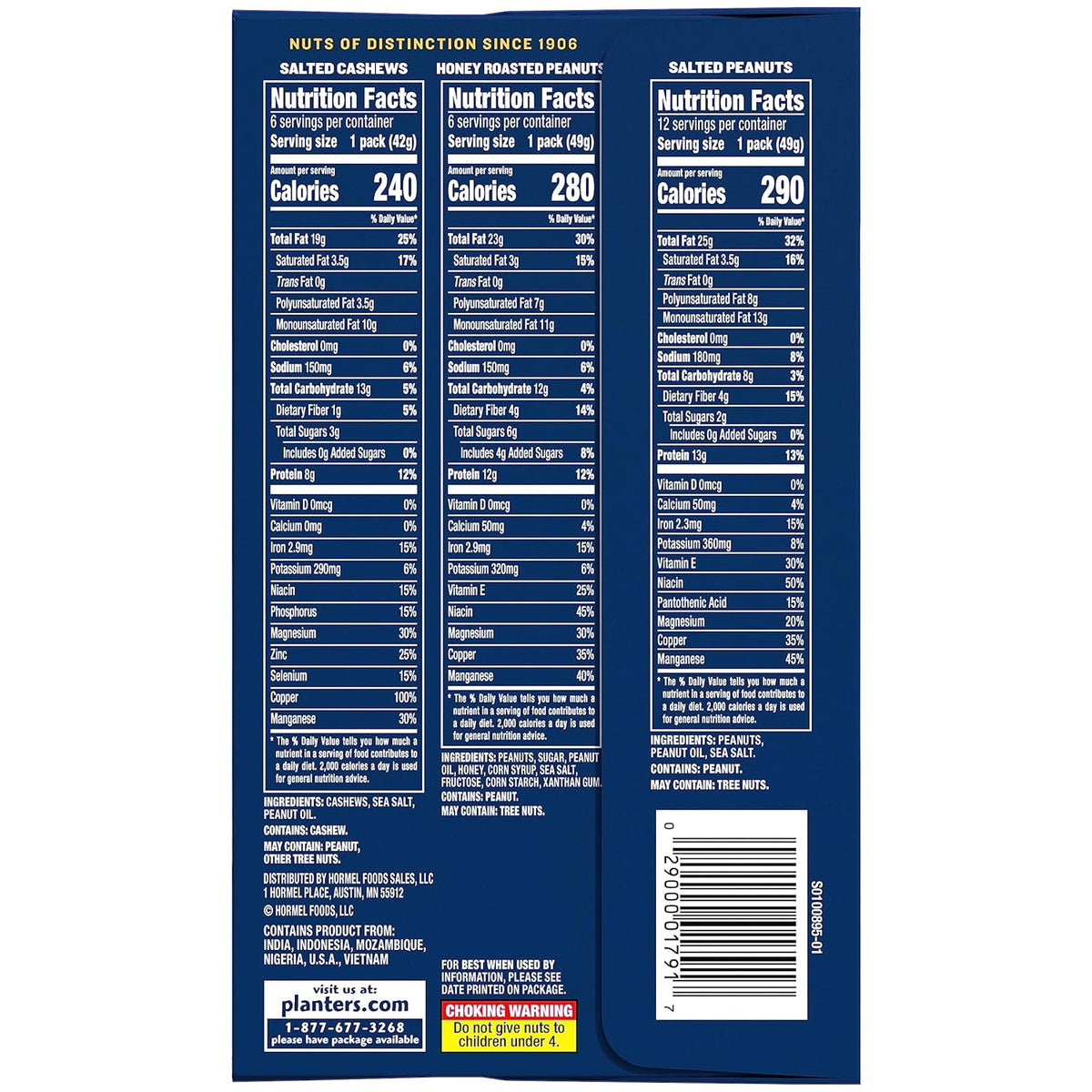 PLANTERS Variety Pack, Salted Cashews, Salted Peanuts & Honey Roasted Peanuts, On-the-Go Nut Snacks, Individually Packed Snacks, Mixed Nuts, Kosher, (36 Count)