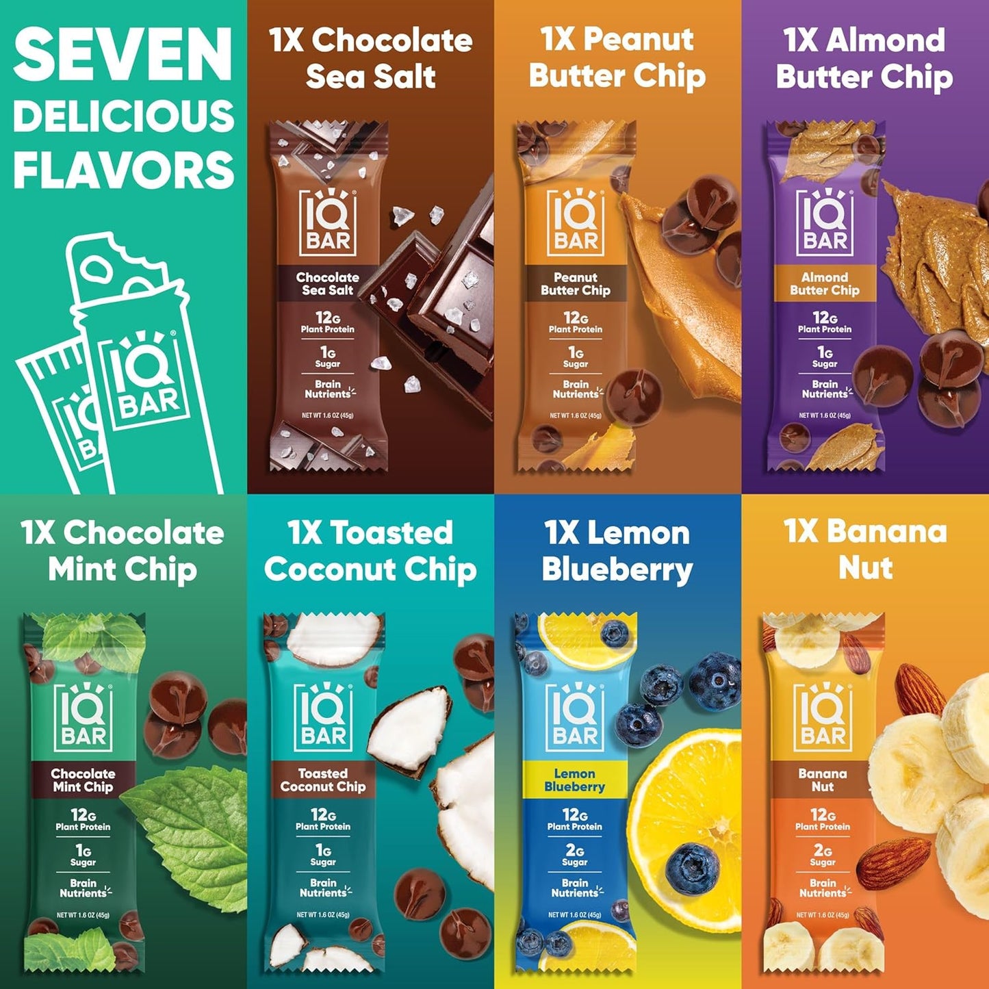 IQBAR Brain and Body Plant Protein Bars - 7 Bar Sampler Variety Pack - Keto, Vegan, Low Carb, High Fiber, Gluten Free, Dairy Free, Low Sugar Snack with Nutrients for Focus, Energy and Meal Replacement