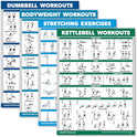 Palace Learning 4 Pack Workout Charts - Dumbbell, Bodyweight, Stretching, Kettlebell Exercises