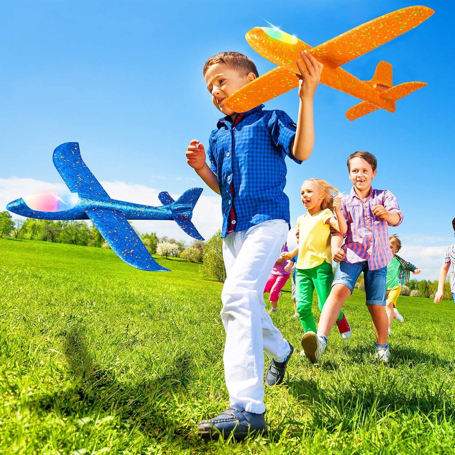 2 Pack LED Light Airplane,17.5" Large Throwing 2 Flight Mode Glider Plane,Flying Toy for Kids,Gifts for 3 4 5 6 7 8 9 Years Old Boy,Outdoor Sport Toys Birthday Party Favors Foam Airplane