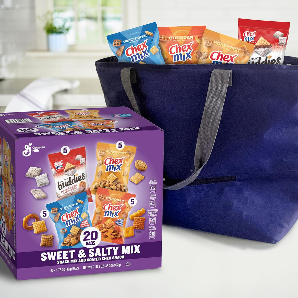 Sweet and Salty Snack Variety Pack, Muddy Buddies Peanut Butter and Chocolate, Chex Mix Traditional, Cheddar, and Honey Nut, 20 Ct, 35 oz