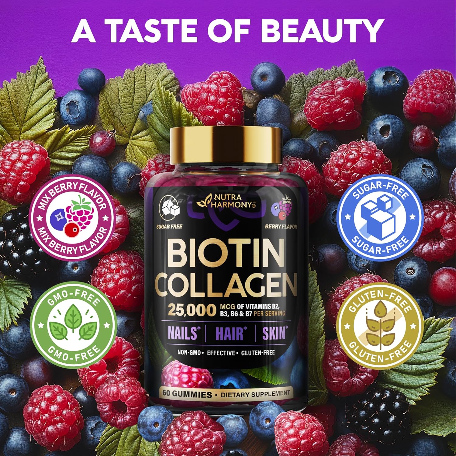 Biotin Gummies with Collagen - Hair Growth Support, Skin, & Nail Strength - for Women & Men - Biotin 10000mcg | Keratin | Hyaluronic Acid | B-Complex | Nettle - Sugar-Free, Mixed Berry, 60 Gummies